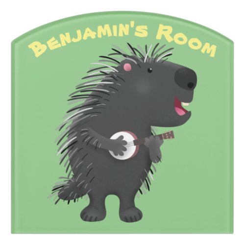 Cute funny porcupine playing banjo cartoon door sign