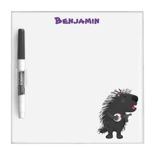 Cute funny porcupine playing banjo cartoon dry erase board