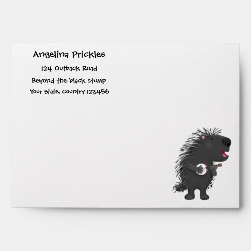 Cute funny porcupine playing banjo cartoon envelope