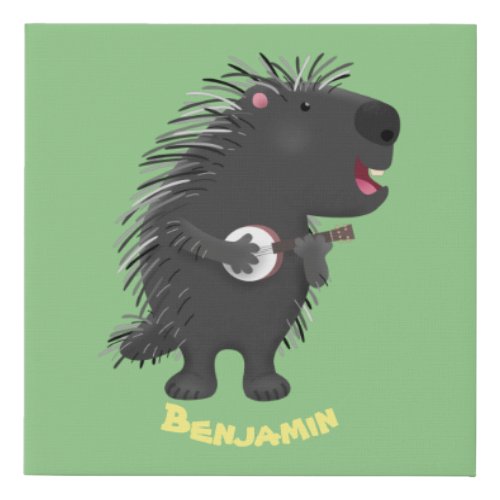 Cute funny porcupine playing banjo cartoon faux canvas print