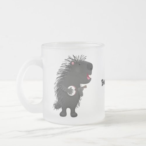 Cute funny porcupine playing banjo cartoon  frosted glass coffee mug