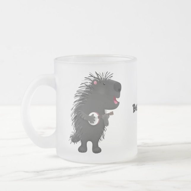 Cute funny porcupine playing banjo cartoon  frosted glass coffee mug (Left)