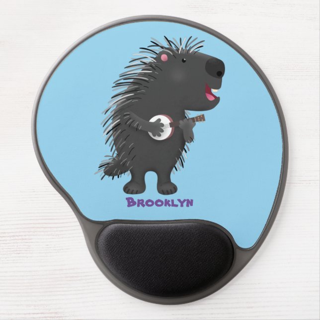 Cute funny porcupine playing banjo cartoon gel mouse pad (Front)