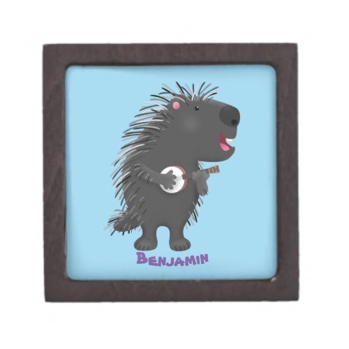 Cute funny porcupine playing banjo cartoon gift box