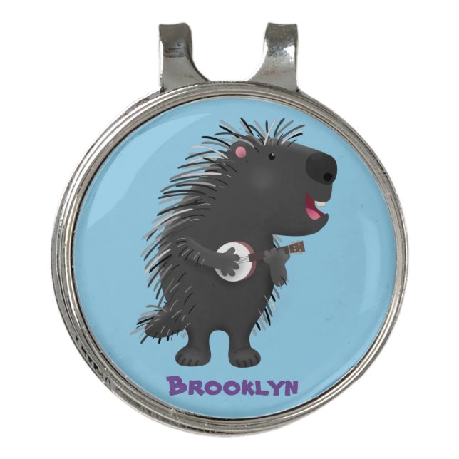 Cute funny porcupine playing banjo cartoon golf hat clip (Front)