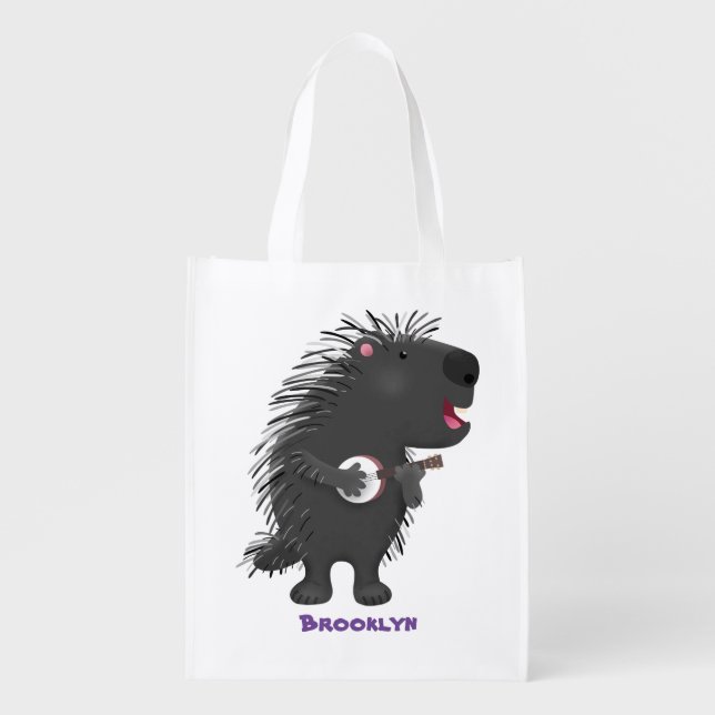 Cute funny porcupine playing banjo cartoon grocery bag (Front)