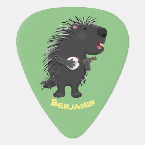 Cute funny porcupine playing banjo cartoon guitar pick