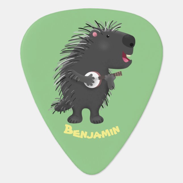 Cute funny porcupine playing banjo cartoon guitar pick (Front)