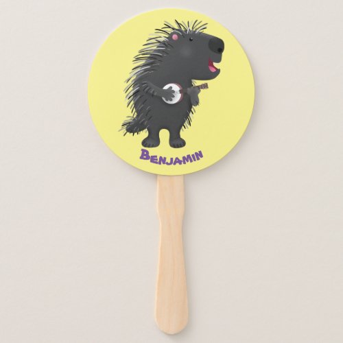 Cute funny porcupine playing banjo cartoon hand fan
