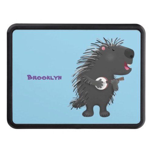 Cute funny porcupine playing banjo cartoon hitch cover