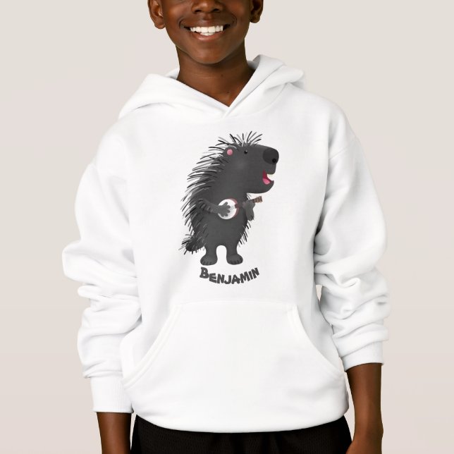 Cute funny porcupine playing banjo cartoon hoodie (Front)