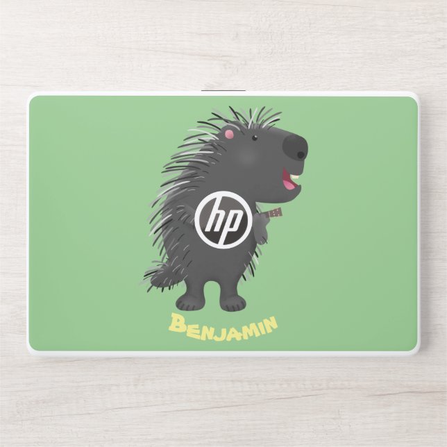 Cute funny porcupine playing banjo cartoon HP laptop skin (Front)