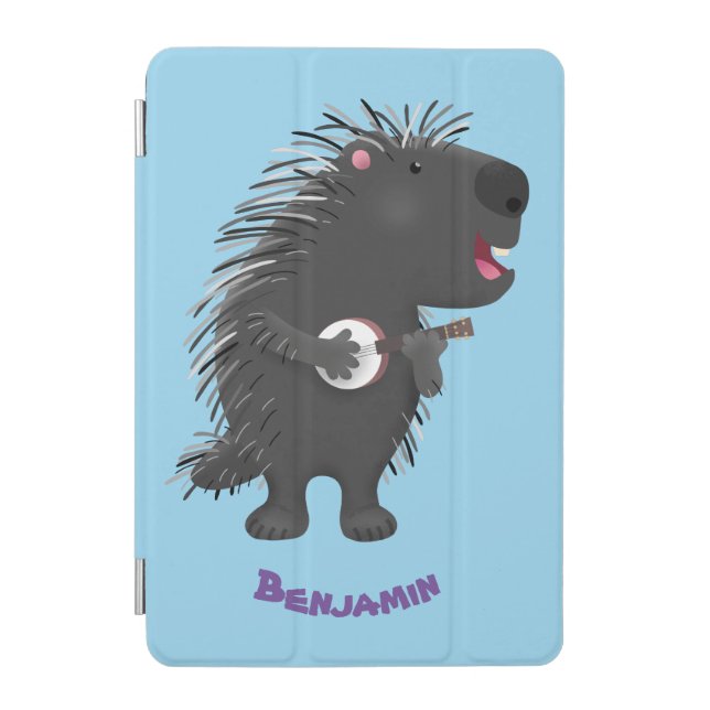 Cute funny porcupine playing banjo cartoon iPad mini cover (Front)