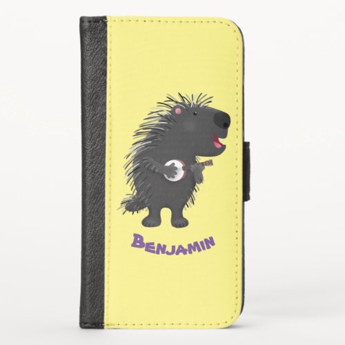 Cute funny porcupine playing banjo cartoon iPhone x wallet case