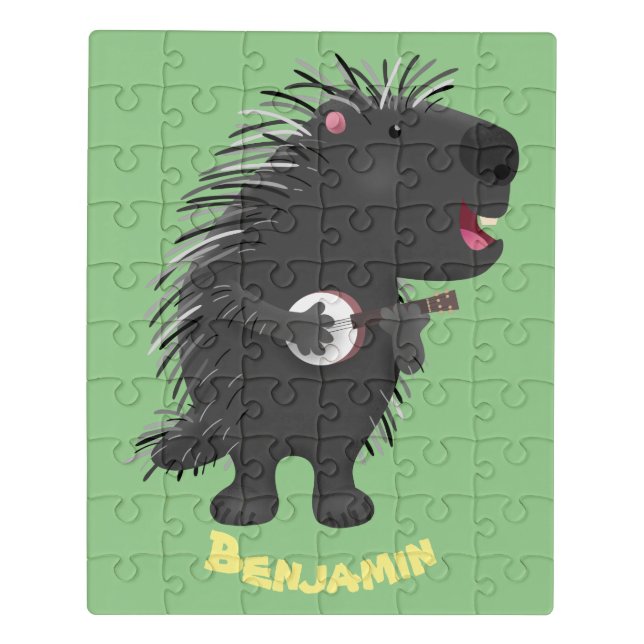 Cute funny porcupine playing banjo cartoon  jigsaw puzzle (Puzzle Vertical)