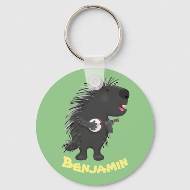 Cute funny porcupine playing banjo cartoon keychain (Front)