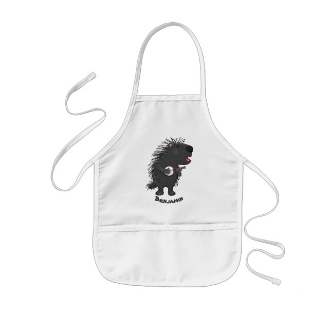 Cute funny porcupine playing banjo cartoon kids' apron (Front)