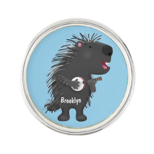 Cute funny porcupine playing banjo cartoon lapel pin