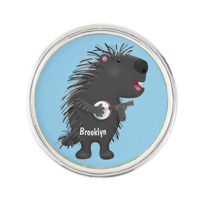 Cute funny porcupine playing banjo cartoon lapel pin (Front)