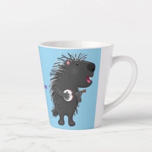 Cute funny porcupine playing banjo cartoon latte mug