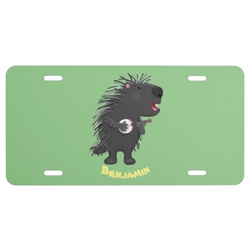 Cute funny porcupine playing banjo cartoon  license plate