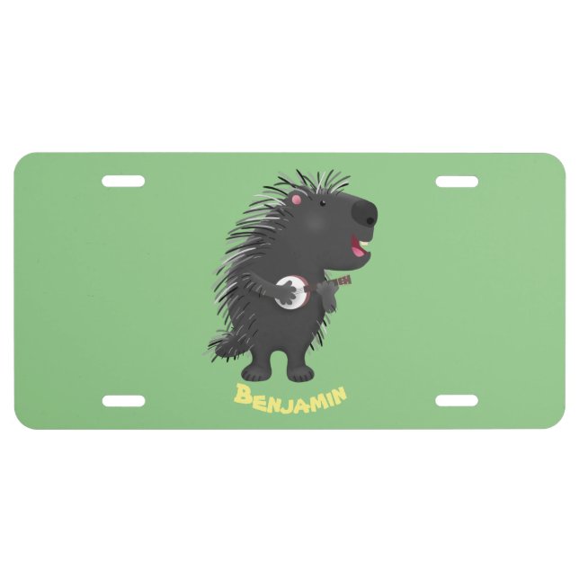 Cute funny porcupine playing banjo cartoon  license plate (Front)