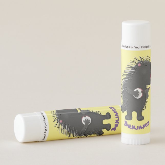 Cute funny porcupine playing banjo cartoon lip balm (Front)