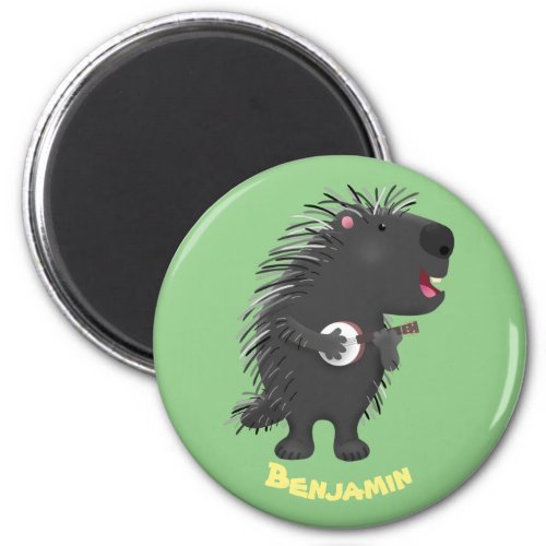 Cute Porcupine Playing Banjo Round Magnet