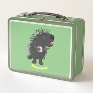 Cute funny porcupine playing banjo cartoon metal lunch box