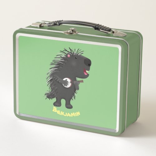 Cute funny porcupine playing banjo cartoon  metal lunch box