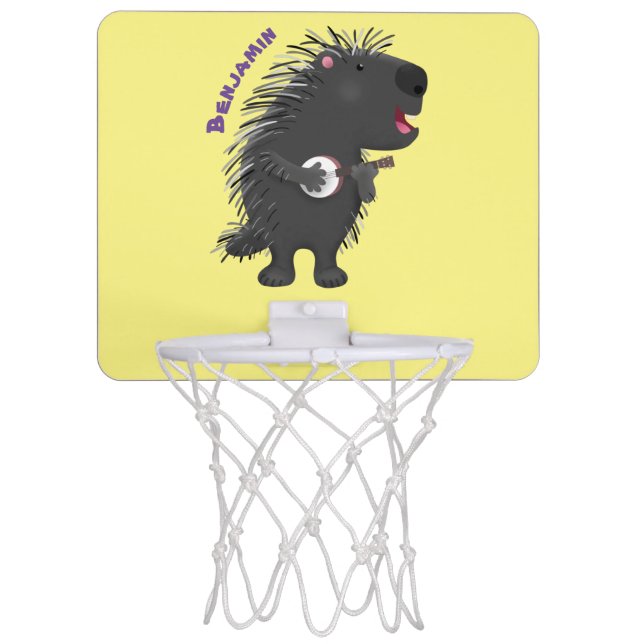 Cute funny porcupine playing banjo cartoon mini basketball hoop (Front)