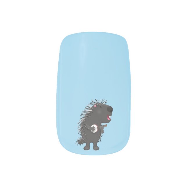 Cute funny porcupine playing banjo cartoon minx nail art (Left Thumb)