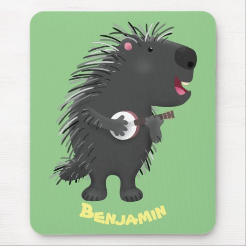 Cute funny porcupine playing banjo cartoon mouse pad