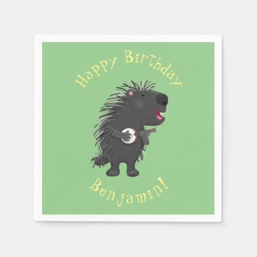 Cute funny porcupine playing banjo cartoon napkins