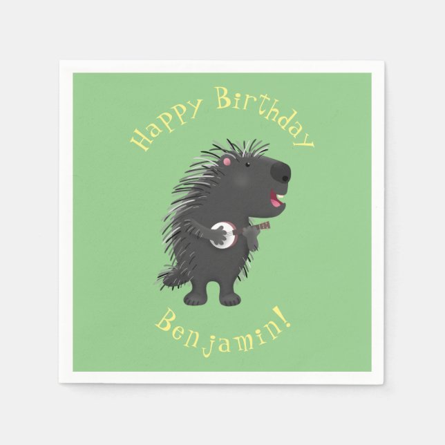 Cute funny porcupine playing banjo cartoon napkins (Front)