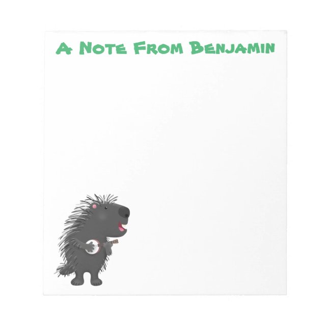 Cute funny porcupine playing banjo cartoon  notepad (Front)