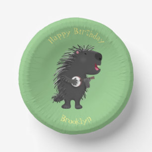 Cute funny porcupine playing banjo cartoon paper bowls
