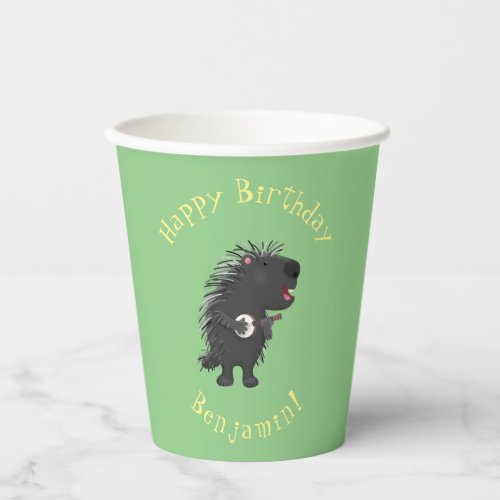 Cute funny porcupine playing banjo cartoon paper cups