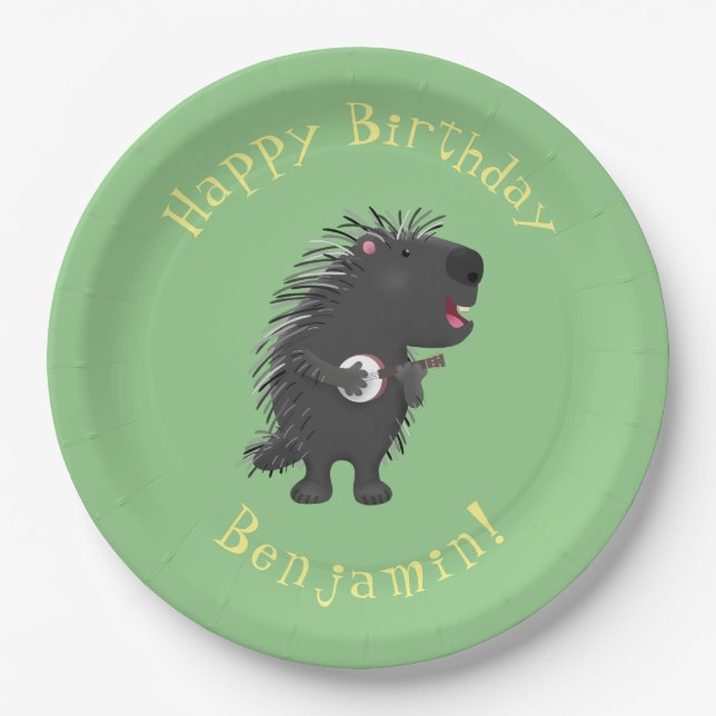 Cute funny porcupine playing banjo cartoon paper plates (Front)