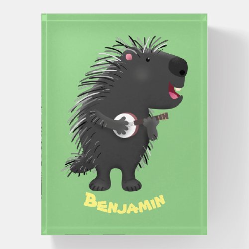 Cute funny porcupine playing banjo cartoon paperweight