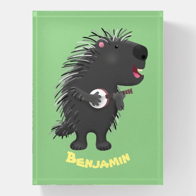 Cute funny porcupine playing banjo cartoon paperweight (Vertical)