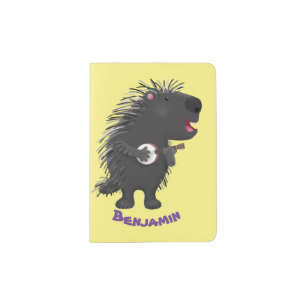 Cute funny porcupine playing banjo cartoon passport holder