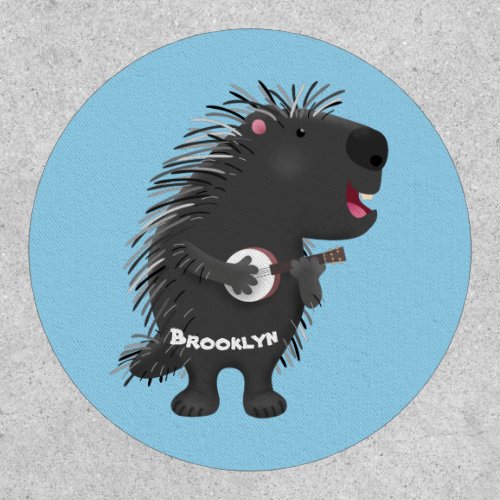 Cute funny porcupine playing banjo cartoon patch