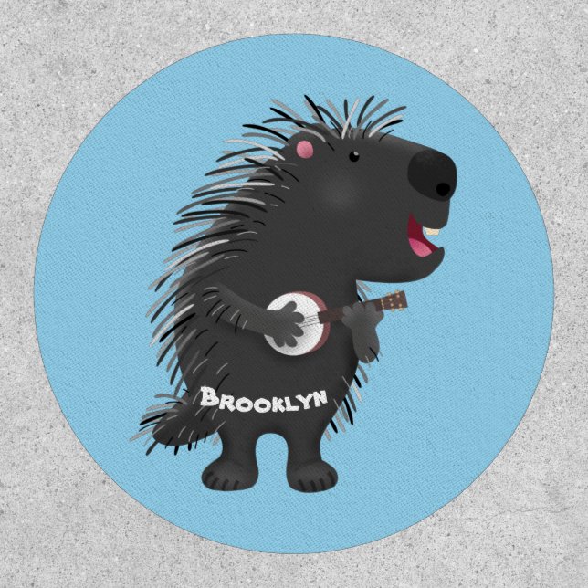Cute funny porcupine playing banjo cartoon patch (Front)