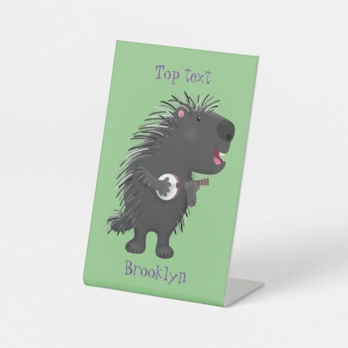 Cute funny porcupine playing banjo cartoon pedestal sign