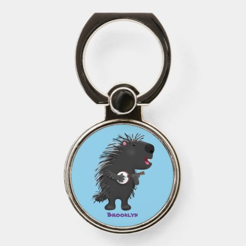 Cute funny porcupine playing banjo cartoon phone ring stand