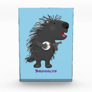 Cute funny porcupine playing banjo cartoon photo block