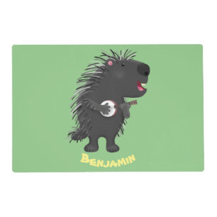 Cute funny porcupine playing banjo cartoon placemat