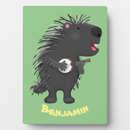 Cute funny porcupine playing banjo cartoon  plaque