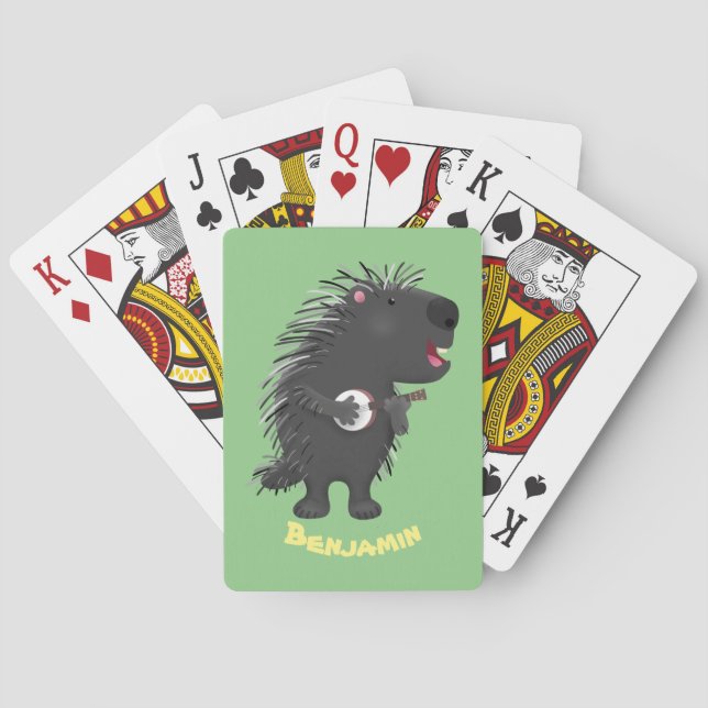 Cute funny porcupine playing banjo cartoon poker cards (Back)